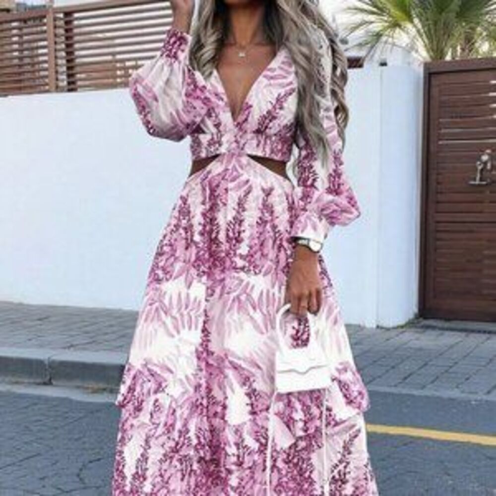 Purple Boho Women's Floral Print Sexy V-Neck Dress